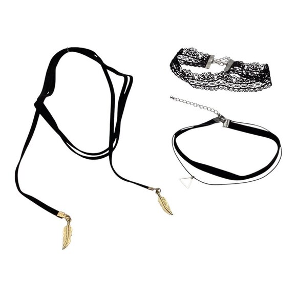 Set Of 3 Black Chokers With Gold Feather & Geometric Triangle Charms Adjustable - Picture 5 of 5